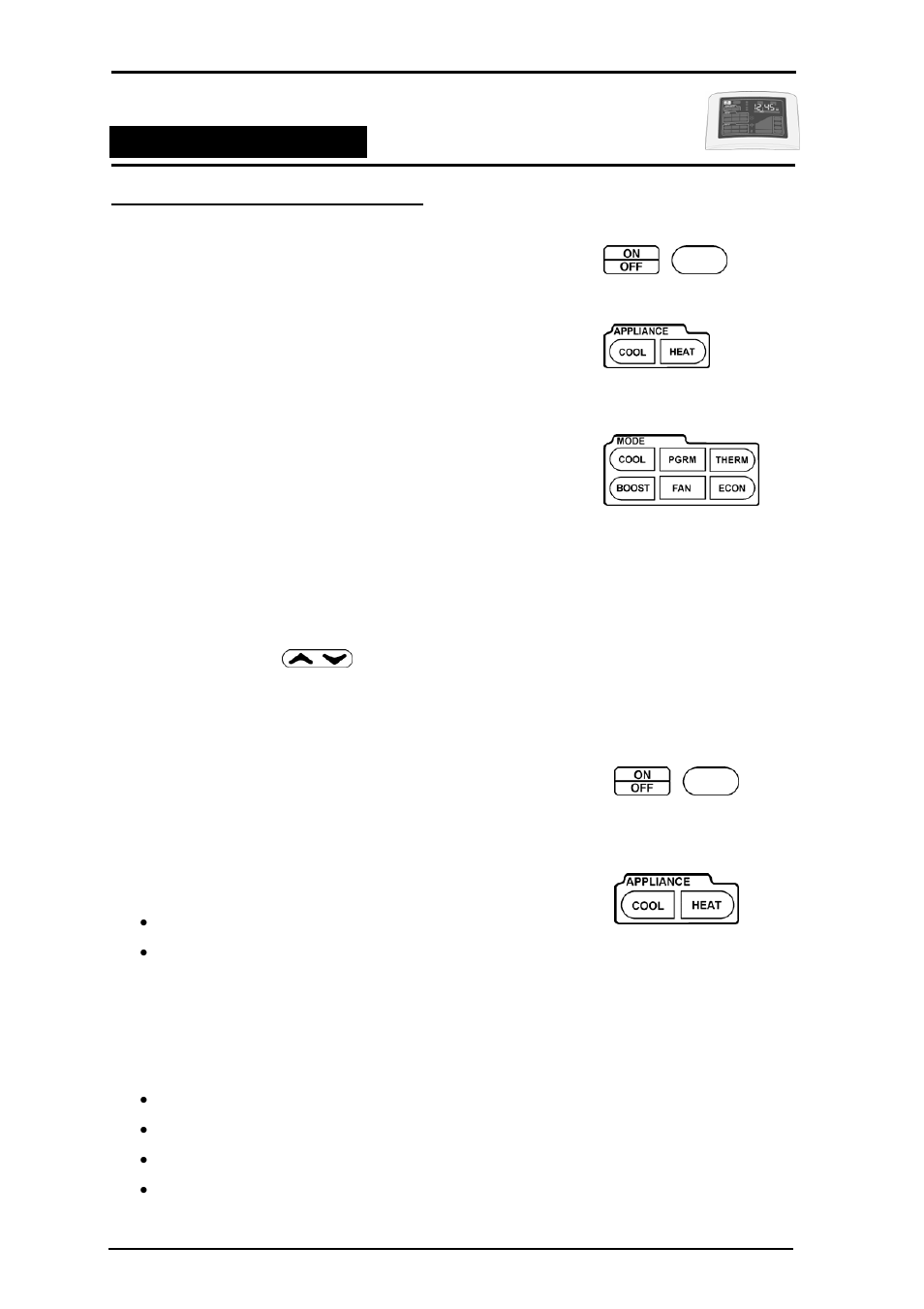 Quick start - simple manual operation, On / off, Appliance - selecting the desired appliance | Uick, Tart, Imple, Anual, Peration, Appliance, Selecting the desired appliance | Bonaire Touchpad User Manual | Page 8 / 60
