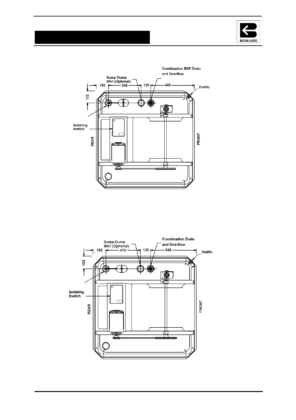 Water connections, Unit base layout, Ater | Onnections | Bonaire B Series Light Commercial User Manual | Page 8 / 28