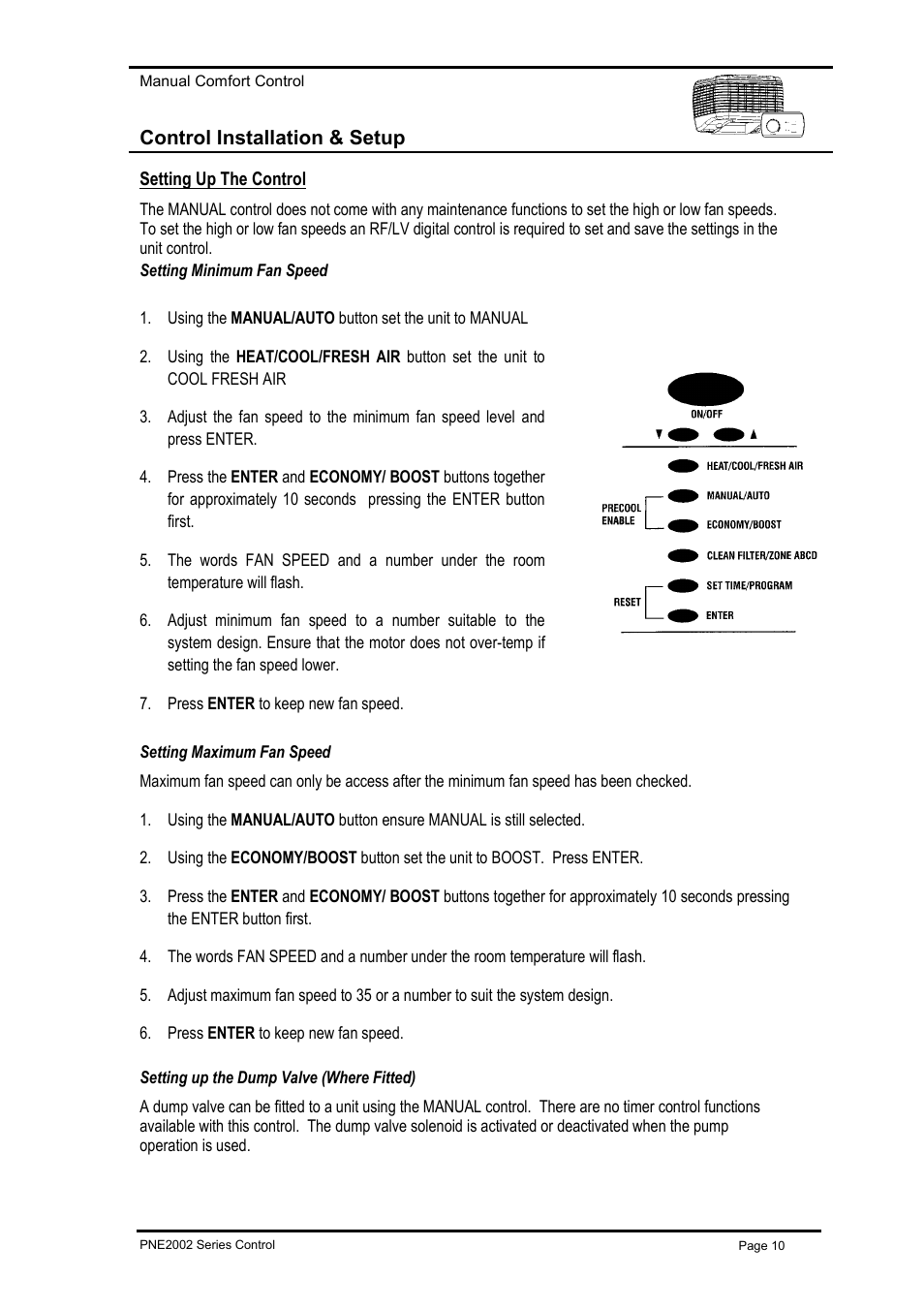Setting up the control, Setting minimum fan speed, Setting maximum fan speed | Setting up the dump valve (where fitted), Etting, Ontrol | Bonaire Deluxe Control (LV) - PNE User Manual | Page 10 / 20