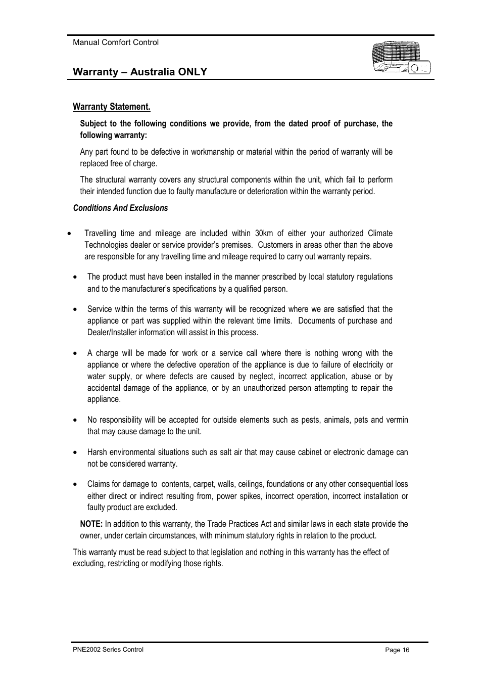 Warranty, Warranty statement, Conditions and exclusions | Arranty, Tatement | Bonaire Deluxe Control (LV) - PNE User Manual | Page 16 / 20