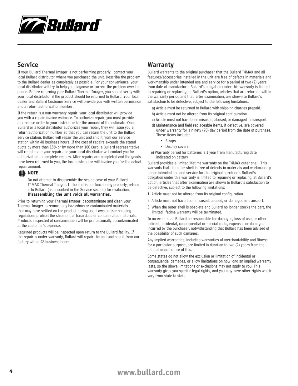 Service, Warranty | Bullard T4 User Manual | Page 4 / 6