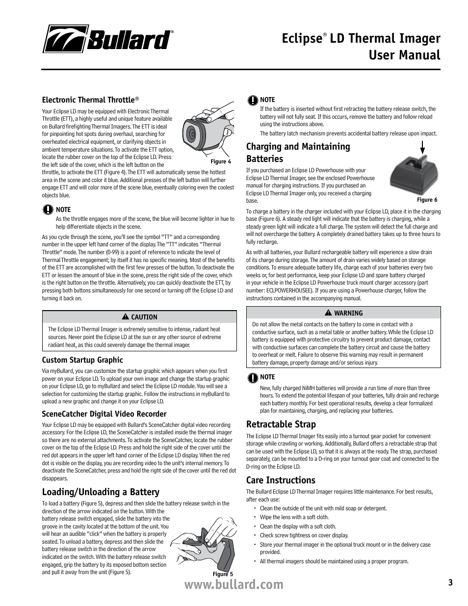 Eclipse, Ld thermal imager user manual, Loading/unloading a battery | Charging and maintaining batteries, Retractable strap, Care instructions | Bullard Eclipse LD User Manual | Page 3 / 5