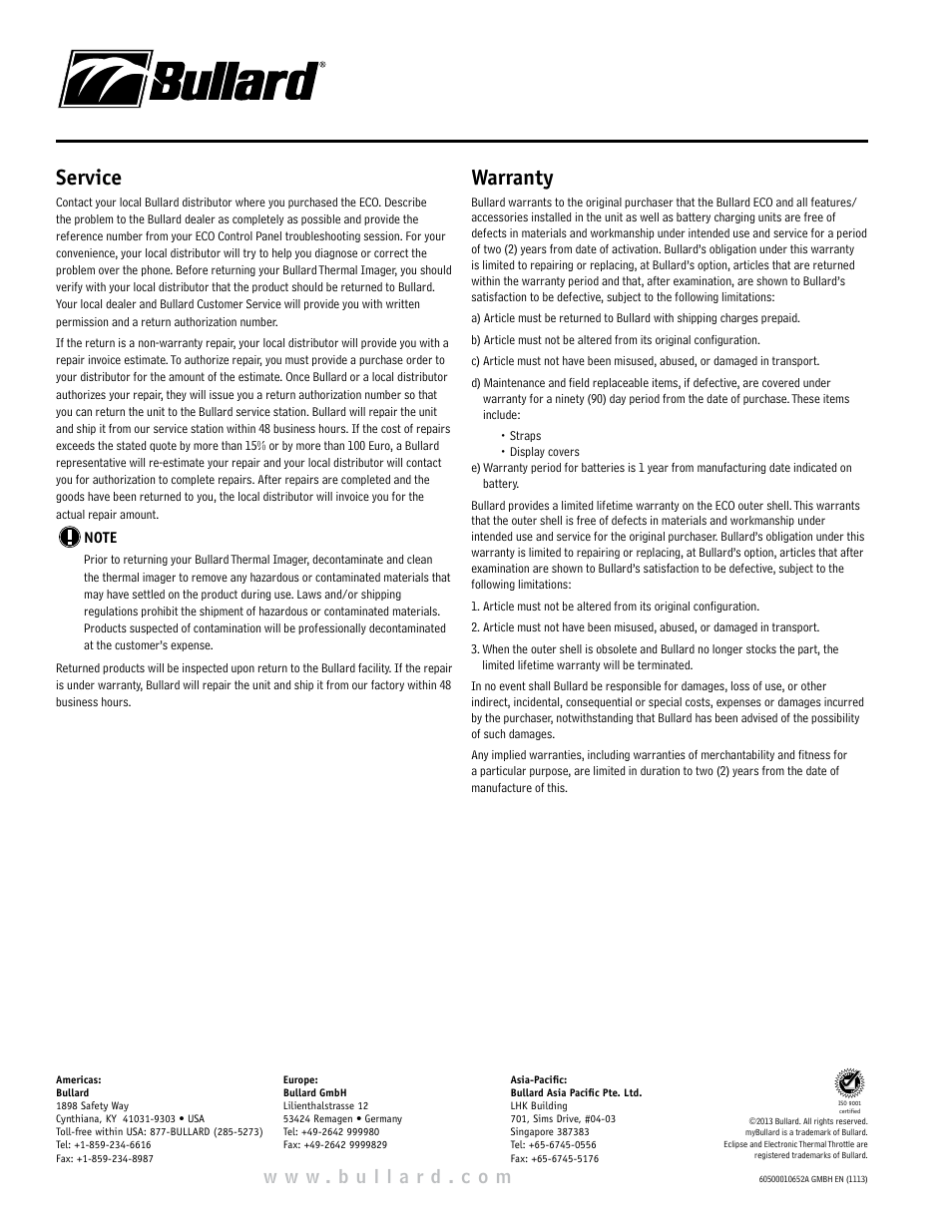 Service, Warranty | Bullard ECO User Manual | Page 4 / 4