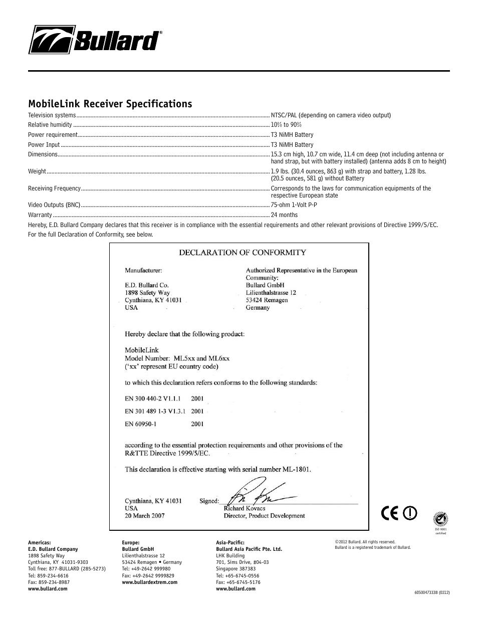 Mobilelink receiver specifications | Bullard MobileLink User Manual | Page 2 / 2