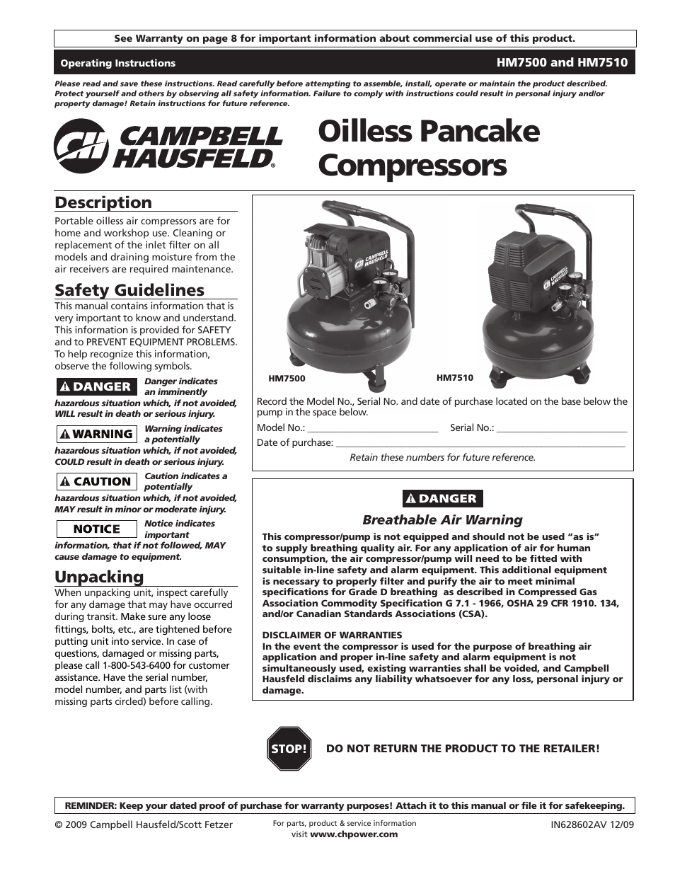 Campbell Hausfeld IN628602AV User Manual | 24 pages