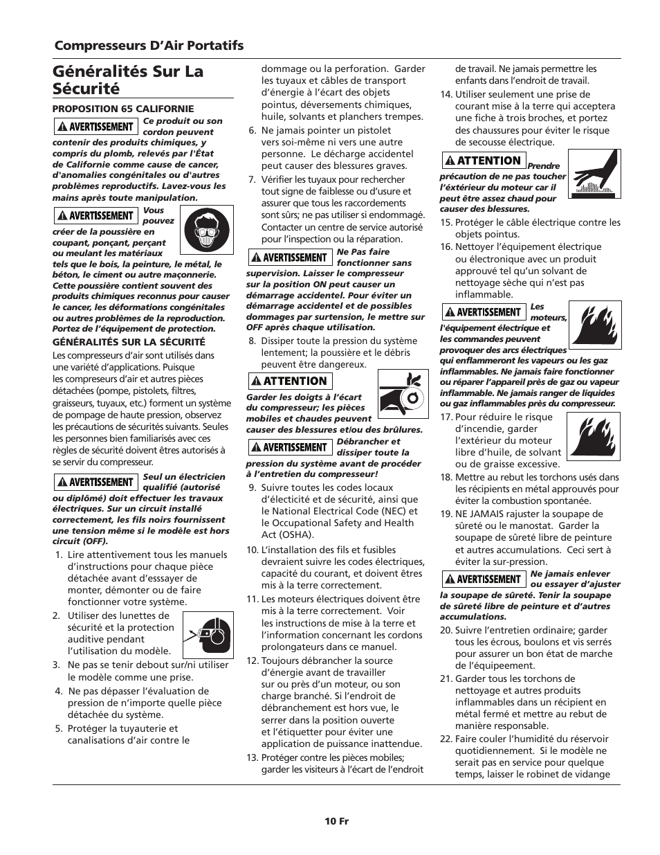Généralités sur la sécurité, Compresseurs d’air portatifs | Campbell Hausfeld IN628602AV User Manual | Page 10 / 24