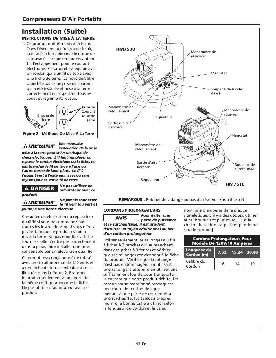 Installation (suite), Compresseurs d’air portatifs | Campbell Hausfeld IN628602AV User Manual | Page 12 / 24