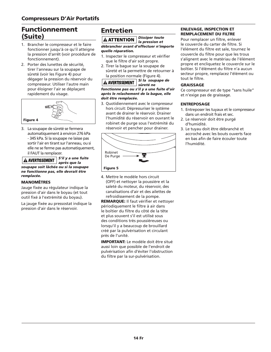 Functionnement (suite), Entretien, Compresseurs d’air portatifs | Campbell Hausfeld IN628602AV User Manual | Page 14 / 24