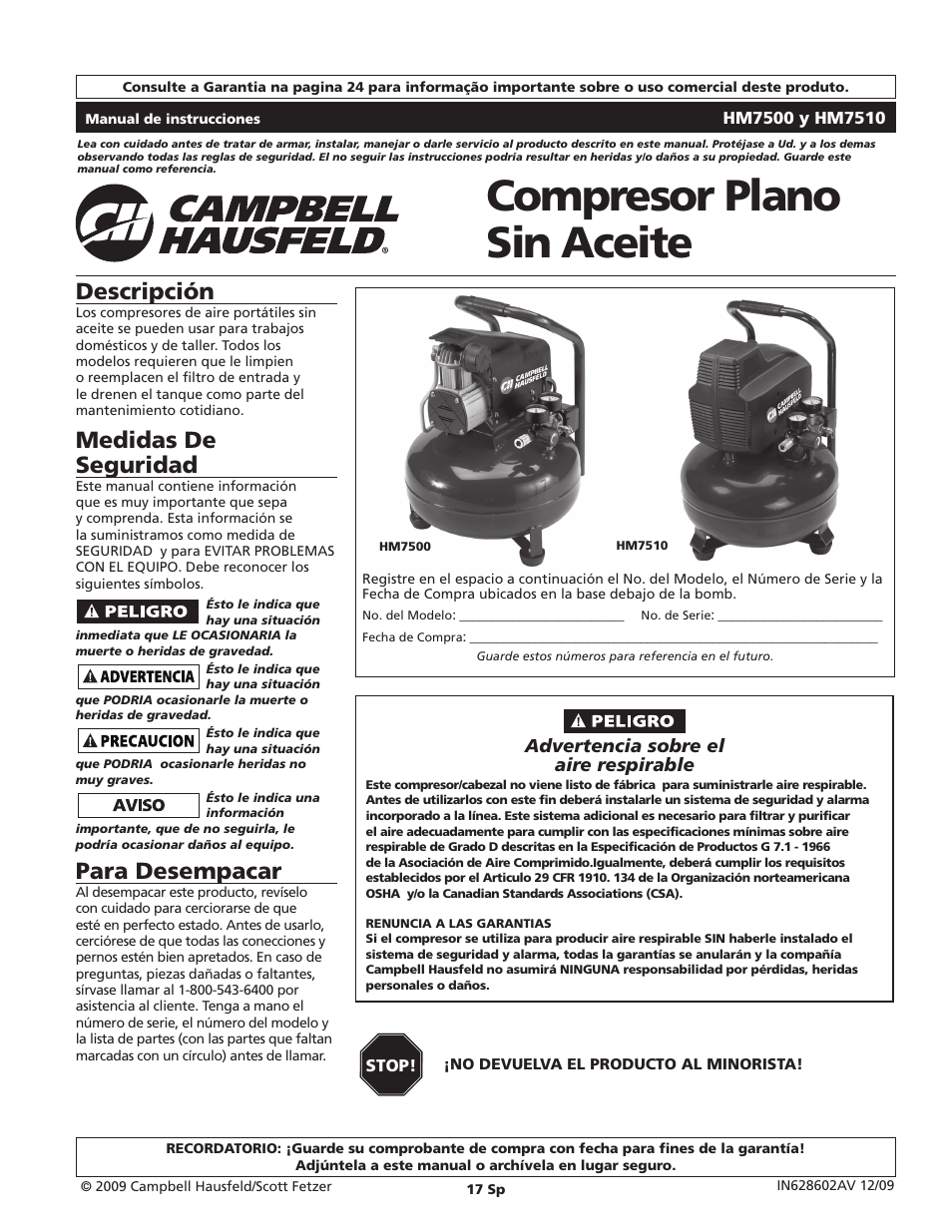 Compresor plano sin aceite, Descripción, Medidas de seguridad | Para desempacar | Campbell Hausfeld IN628602AV User Manual | Page 17 / 24