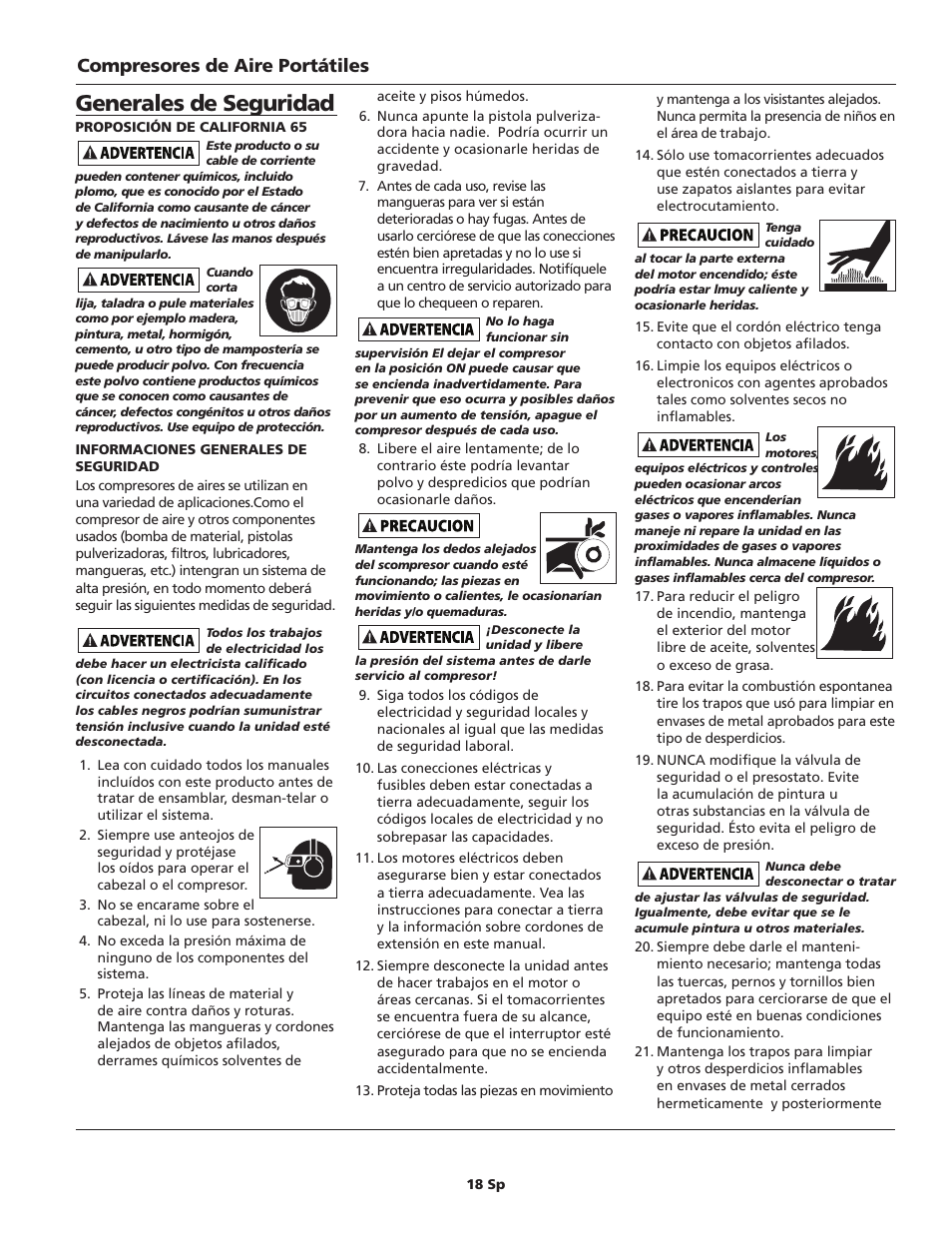 Generales de seguridad, Compresores de aire portátiles | Campbell Hausfeld IN628602AV User Manual | Page 18 / 24