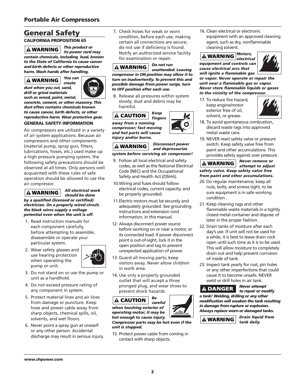 General safety, Portable air compressors | Campbell Hausfeld IN628602AV User Manual | Page 2 / 24
