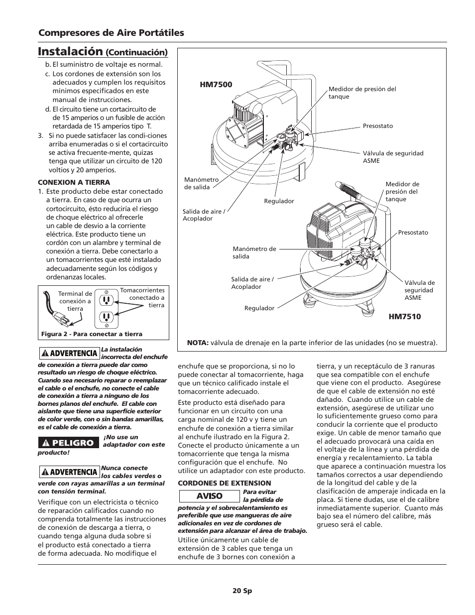 Instalación, Compresores de aire portátiles, Continuación) | Campbell Hausfeld IN628602AV User Manual | Page 20 / 24