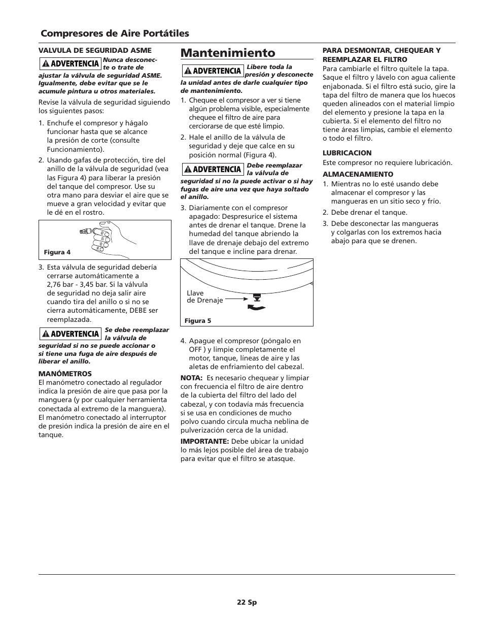 Mantenimiento, Compresores de aire portátiles | Campbell Hausfeld IN628602AV User Manual | Page 22 / 24