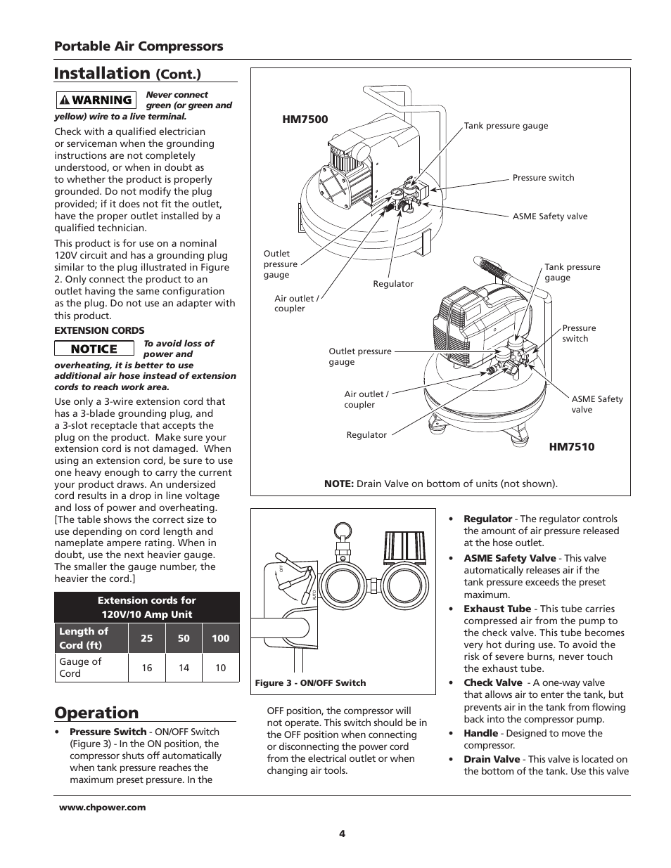 Operation, Installation, Portable air compressors | Cont.) | Campbell Hausfeld IN628602AV User Manual | Page 4 / 24