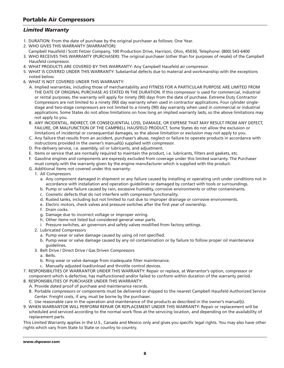 Portable air compressors | Campbell Hausfeld IN628602AV User Manual | Page 8 / 24