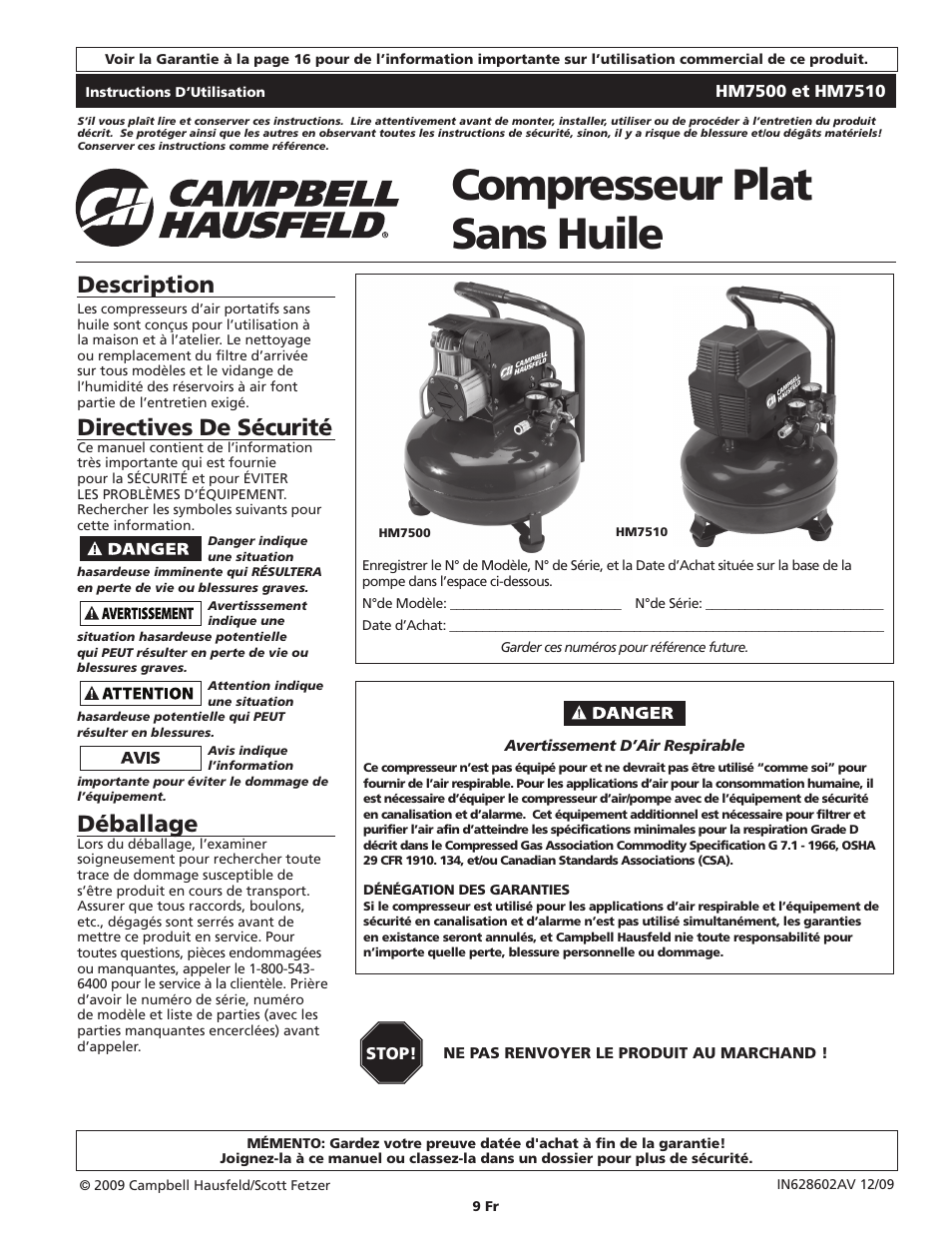 Compresseur plat sans huile, Description, Directives de sécurité | Déballage | Campbell Hausfeld IN628602AV User Manual | Page 9 / 24