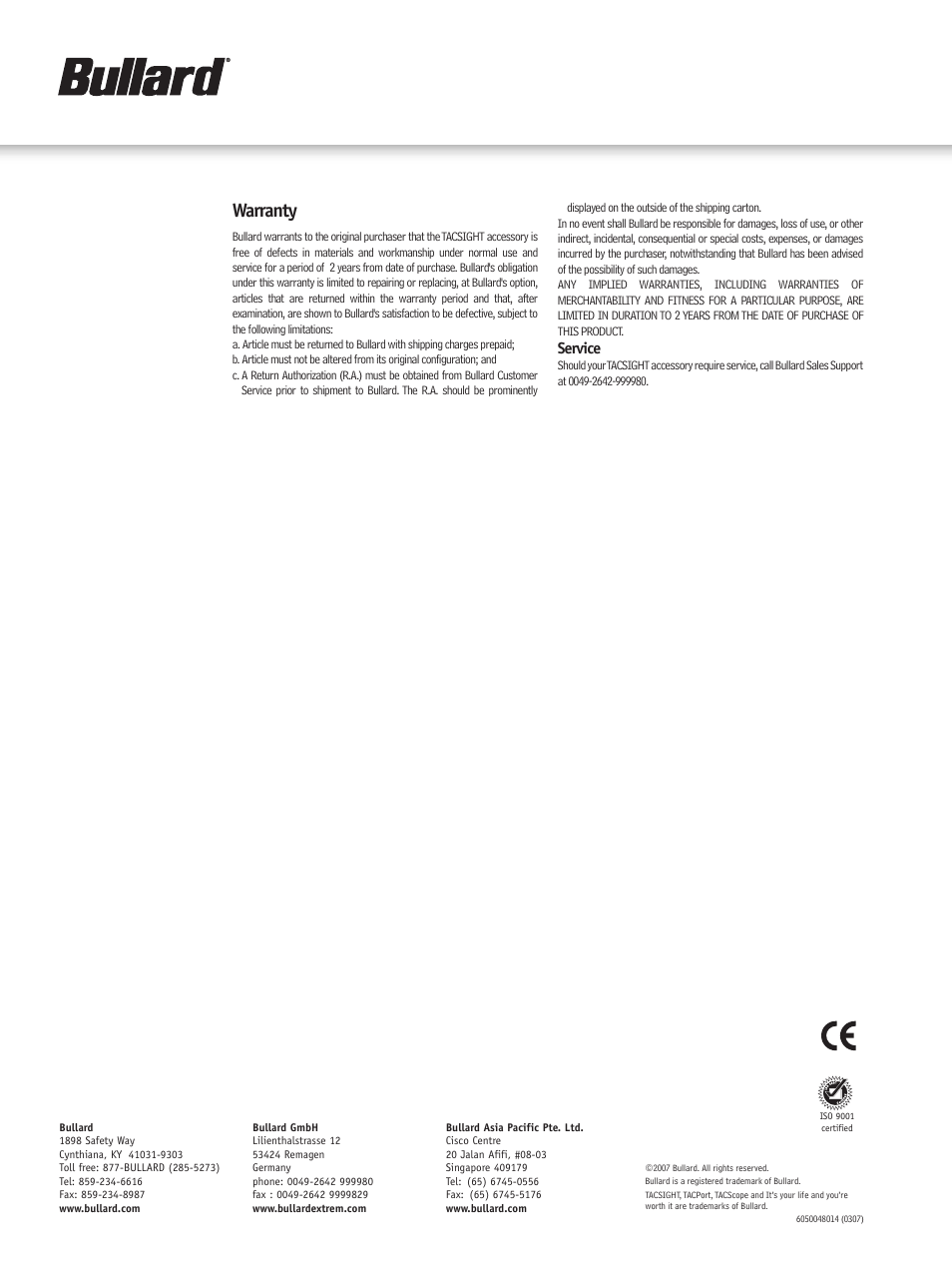 Warranty, Service | Bullard Tacsight User Manual | Page 2 / 2