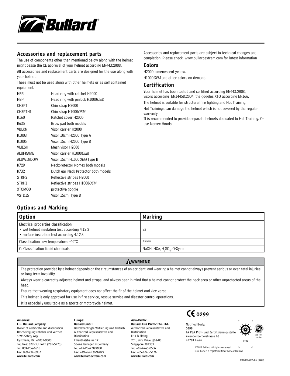 0299 option marking, Colors, Certification | Bullard H1000OEM User Manual | Page 4 / 4