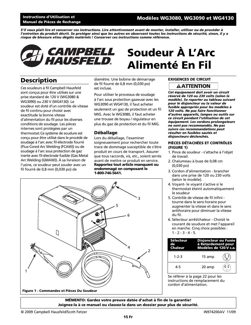 Soudeur à l’arc alimenté en fil, Description | Campbell Hausfeld WG4130 User Manual | Page 15 / 44