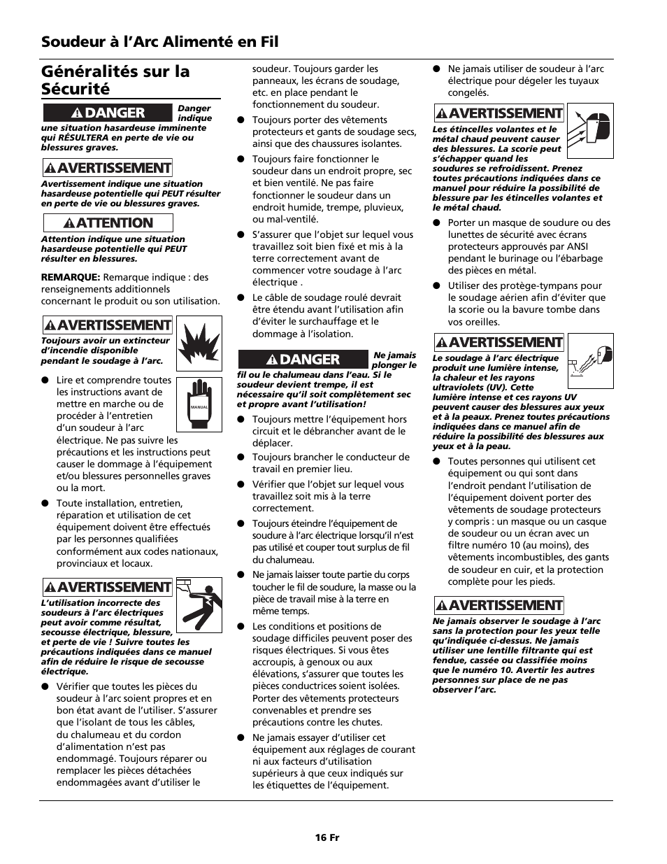 Généralités sur la sécurité, Soudeur à l’arc alimenté en fil | Campbell Hausfeld WG4130 User Manual | Page 16 / 44