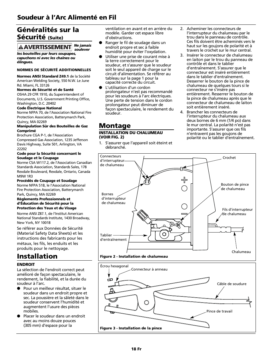 Montage, Généralités sur la sécurité, Installation | Soudeur à l’arc alimenté en fil | Campbell Hausfeld WG4130 User Manual | Page 18 / 44