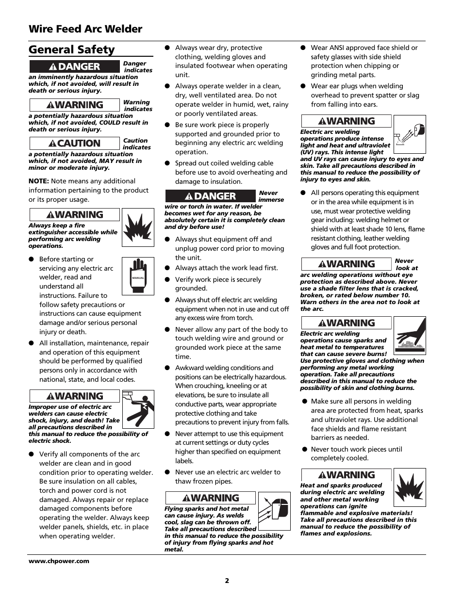General safety, Wire feed arc welder | Campbell Hausfeld WG4130 User Manual | Page 2 / 44