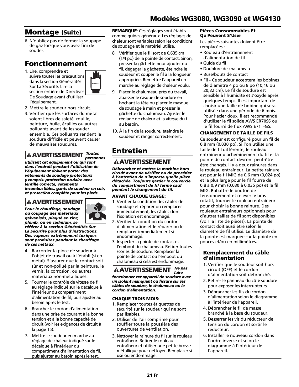 Montage, Fonctionnement, Entretien | Suite) | Campbell Hausfeld WG4130 User Manual | Page 21 / 44