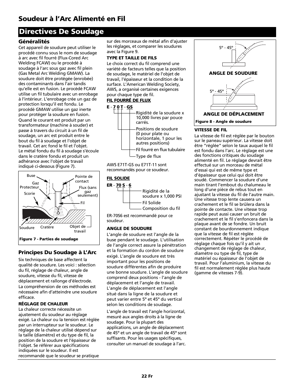 Directives de soudage, Soudeur à l’arc alimenté en fil | Campbell Hausfeld WG4130 User Manual | Page 22 / 44