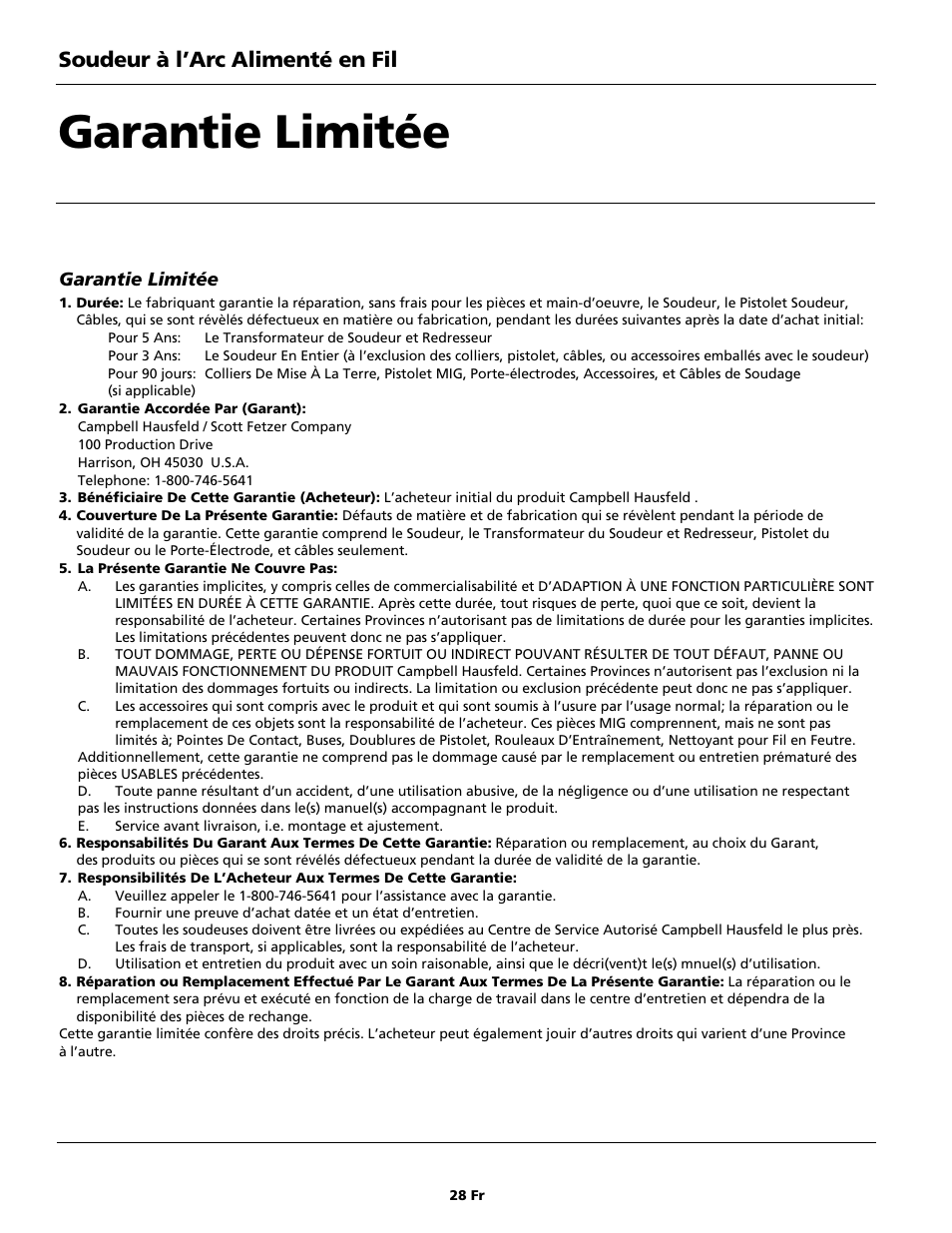 Garantie limitée, Soudeur à l’arc alimenté en fil | Campbell Hausfeld WG4130 User Manual | Page 28 / 44