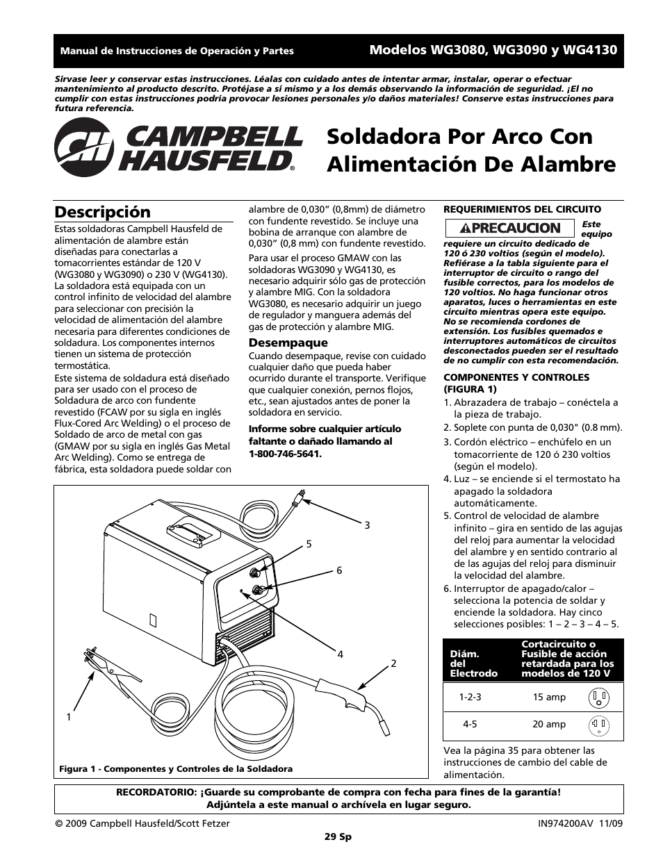 Soldadora por arco con alimentación de alambre, Descripción | Campbell Hausfeld WG4130 User Manual | Page 29 / 44