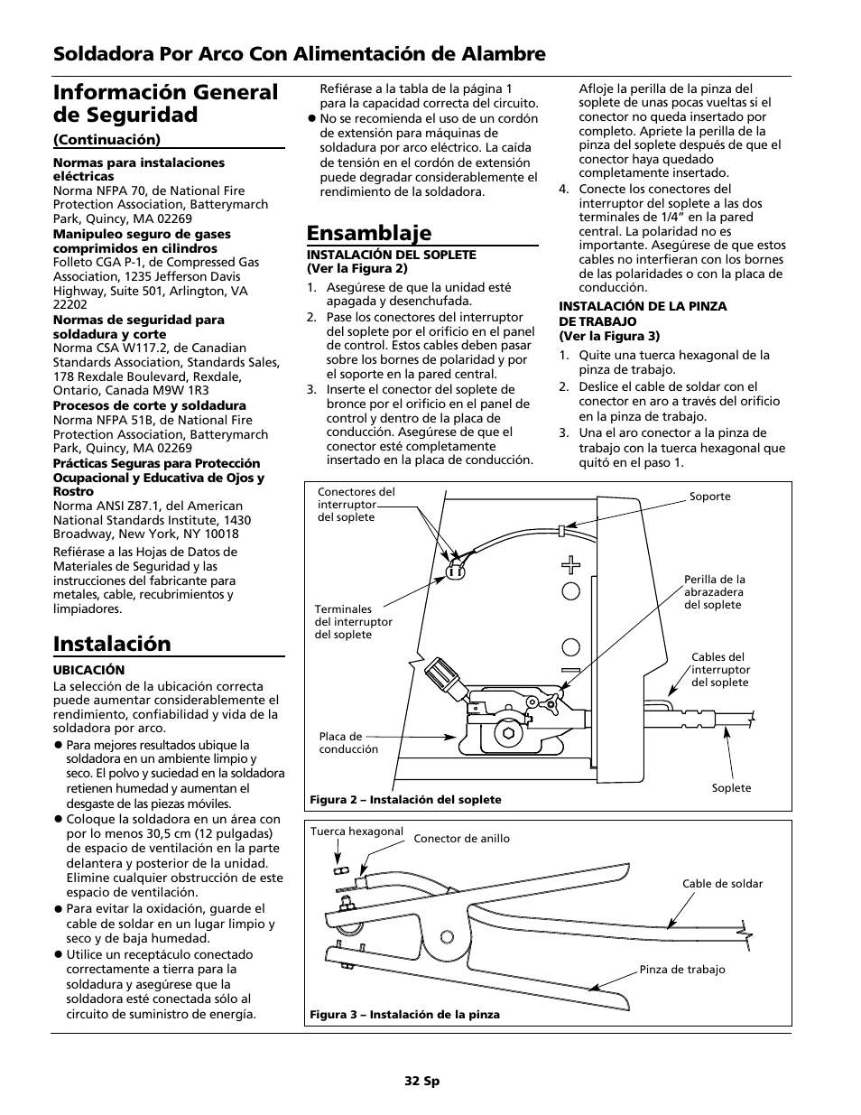 Ensamblaje, Información general de seguridad, Instalación | Soldadora por arco con alimentación de alambre | Campbell Hausfeld WG4130 User Manual | Page 32 / 44