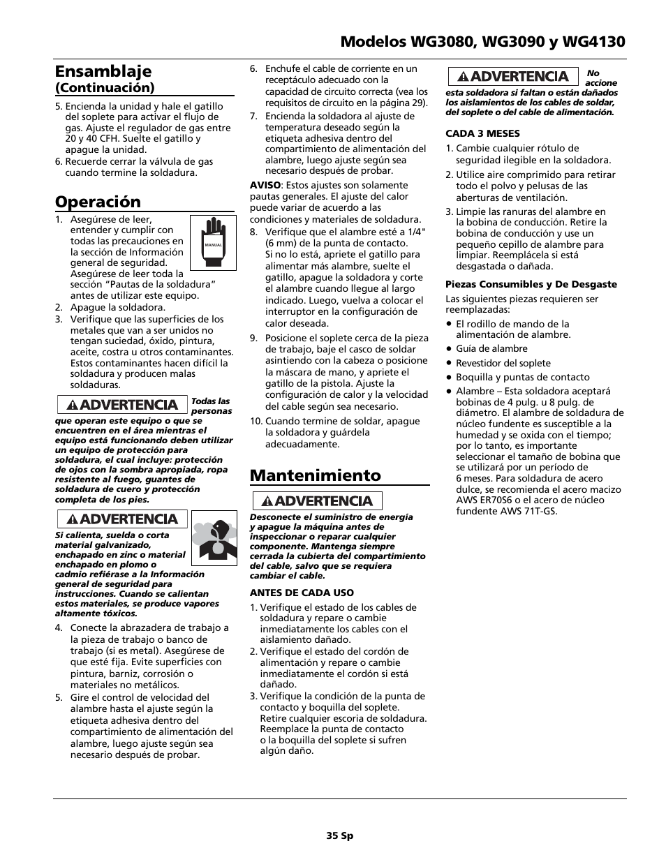 Mantenimiento, Ensamblaje, Operación | Continuación) | Campbell Hausfeld WG4130 User Manual | Page 35 / 44