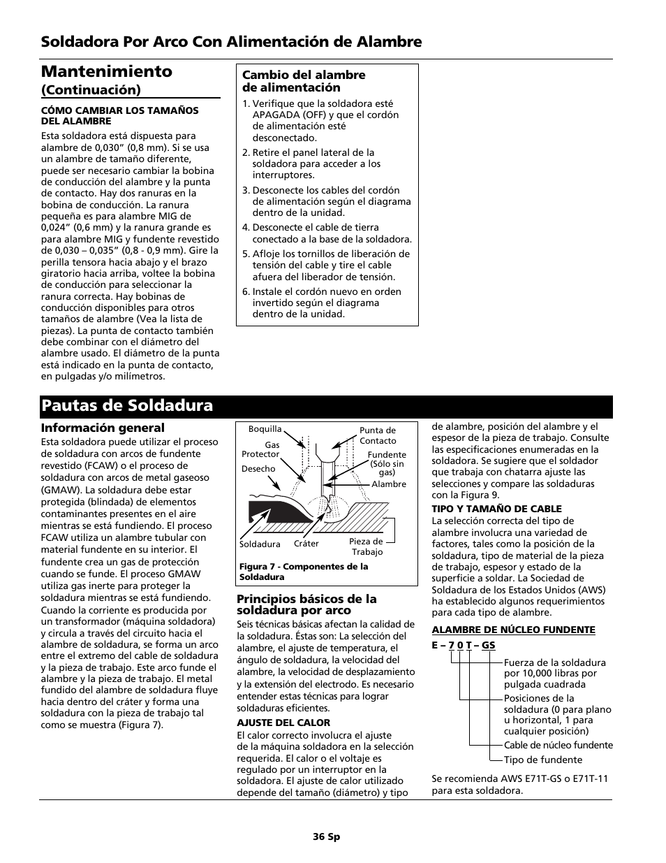 Pautas de soldadura, Mantenimiento, Soldadora por arco con alimentación de alambre | Continuación) | Campbell Hausfeld WG4130 User Manual | Page 36 / 44