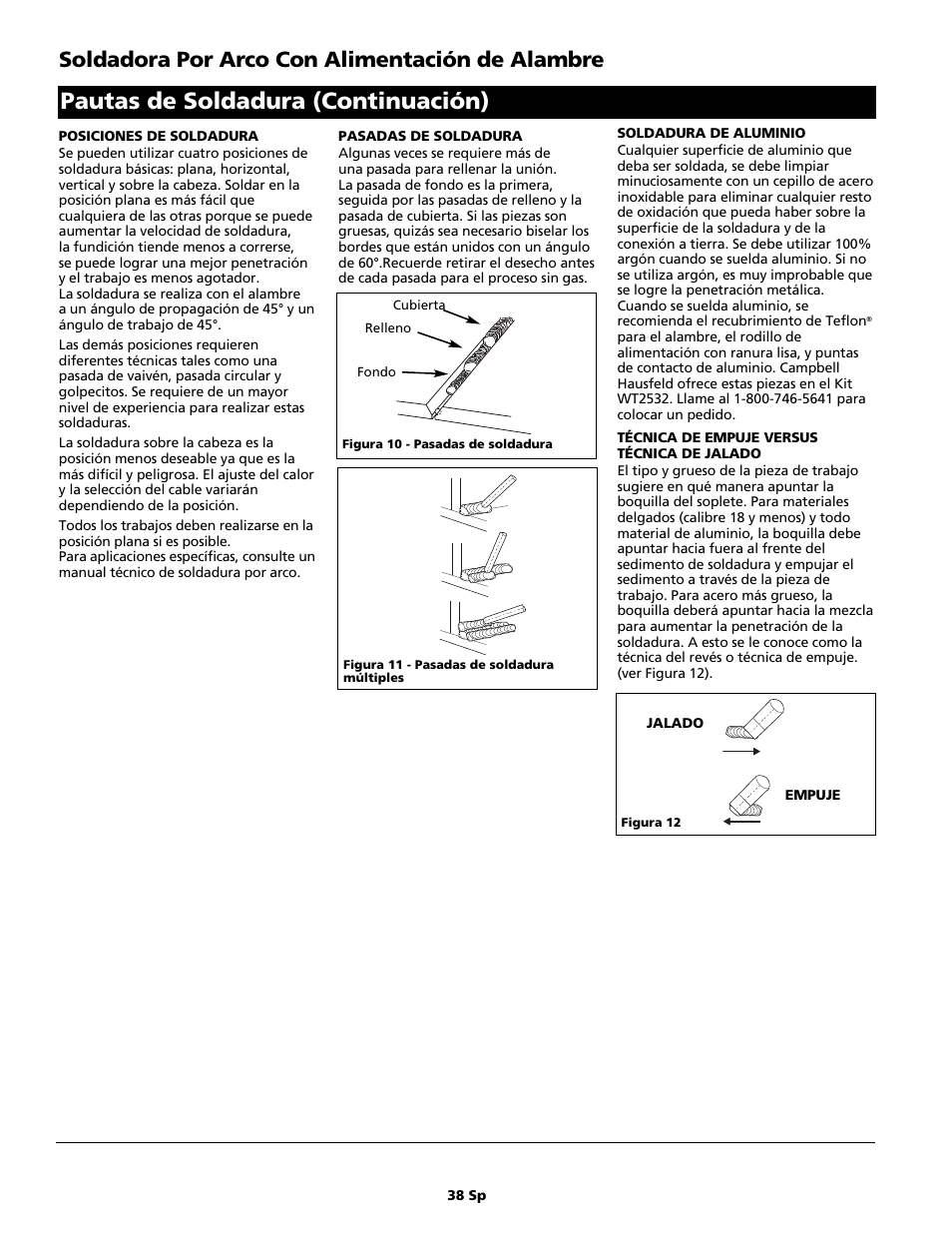 Pautas de soldadura (continuación), Soldadora por arco con alimentación de alambre | Campbell Hausfeld WG4130 User Manual | Page 38 / 44