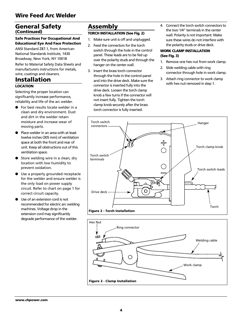 Assembly, General safety, Installation | Wire feed arc welder | Campbell Hausfeld WG4130 User Manual | Page 4 / 44