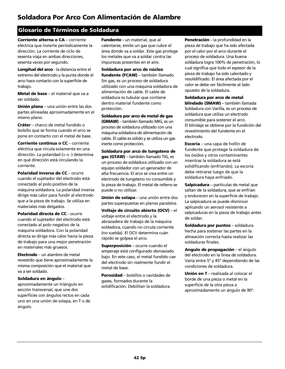 Soldadora por arco con alimentación de alambre, Glosario de términos de soldadura | Campbell Hausfeld WG4130 User Manual | Page 42 / 44