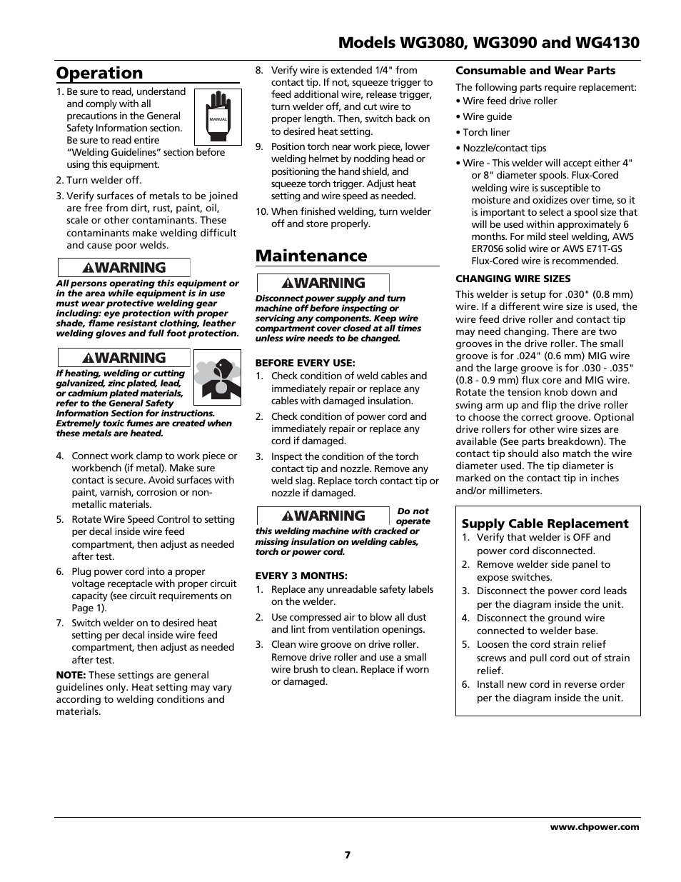 Operation, Maintenance | Campbell Hausfeld WG4130 User Manual | Page 7 / 44