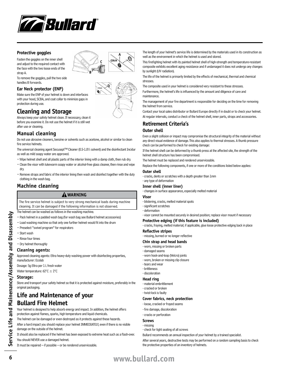 Cleaning and storage, Life and maintenance of your bullard fire helmet, Manual cleaning | Machine cleaning, Retirement criteria’s | Bullard Magma User Manual | Page 2 / 8