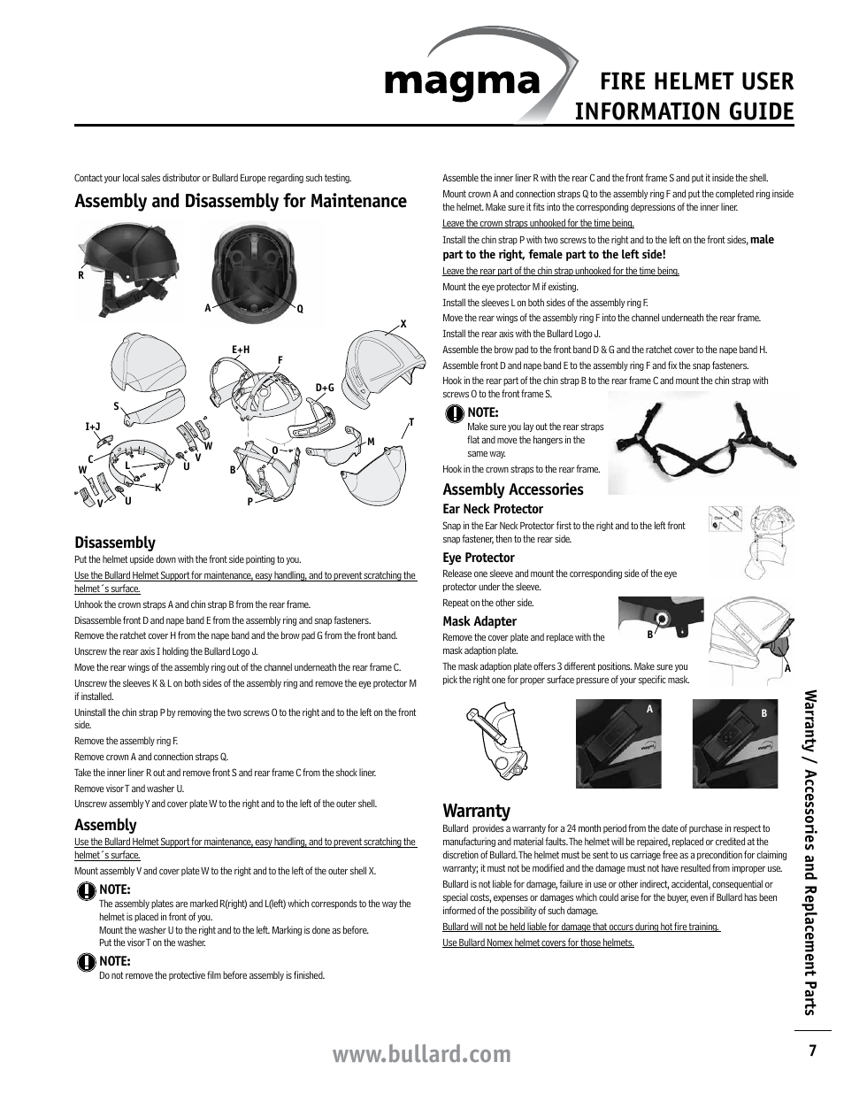 Fire helmet user information guide, Assembly and disassembly for maintenance, Warranty | 7w arr anty / a ccessories and replacement p arts, Disassembly, Assembly, Assembly accessories | Bullard Magma User Manual | Page 3 / 8