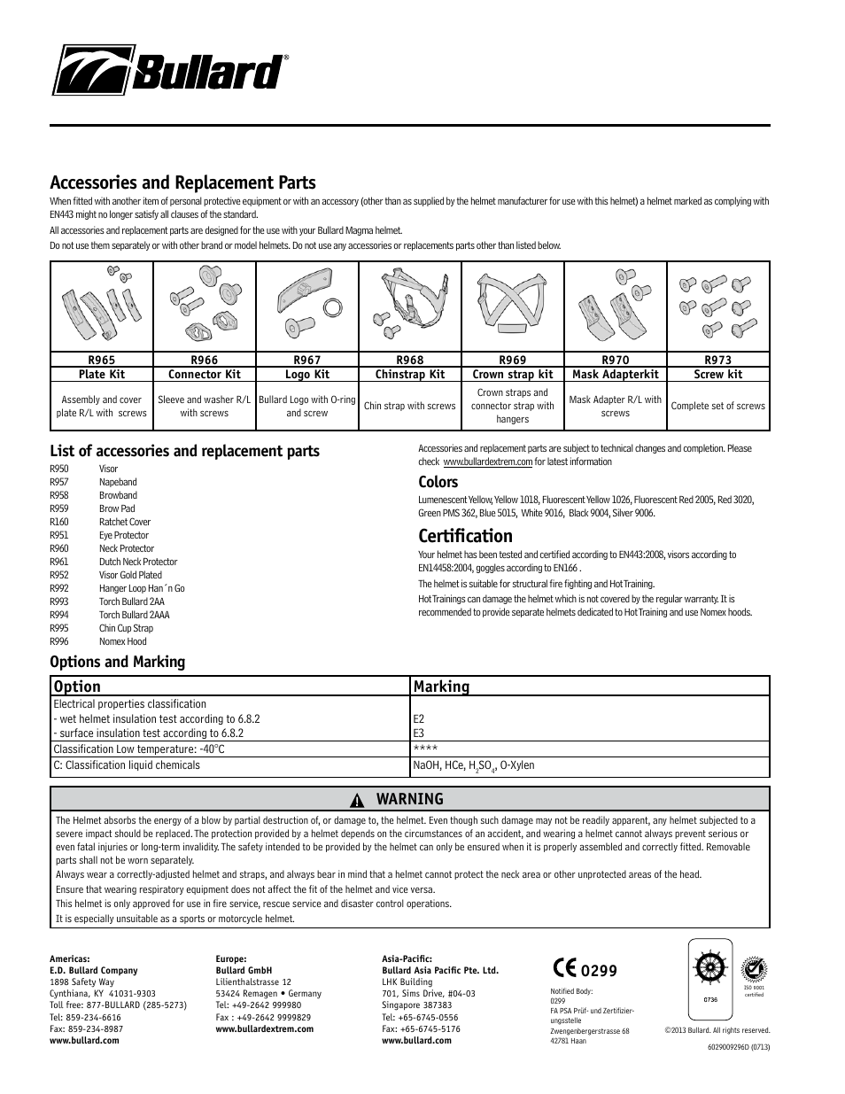 Accessories and replacement parts, Certification, List of accessories and replacement parts | Colors, Options and marking option marking, Warning | Bullard Magma User Manual | Page 4 / 8