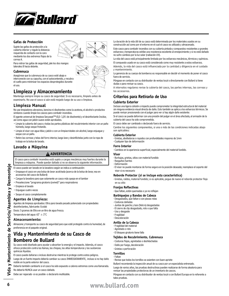 Limpieza y almacenamiento, Limpieza manual, Lavado a máquina | Criterios para retirarlo de uso | Bullard Magma User Manual | Page 6 / 8