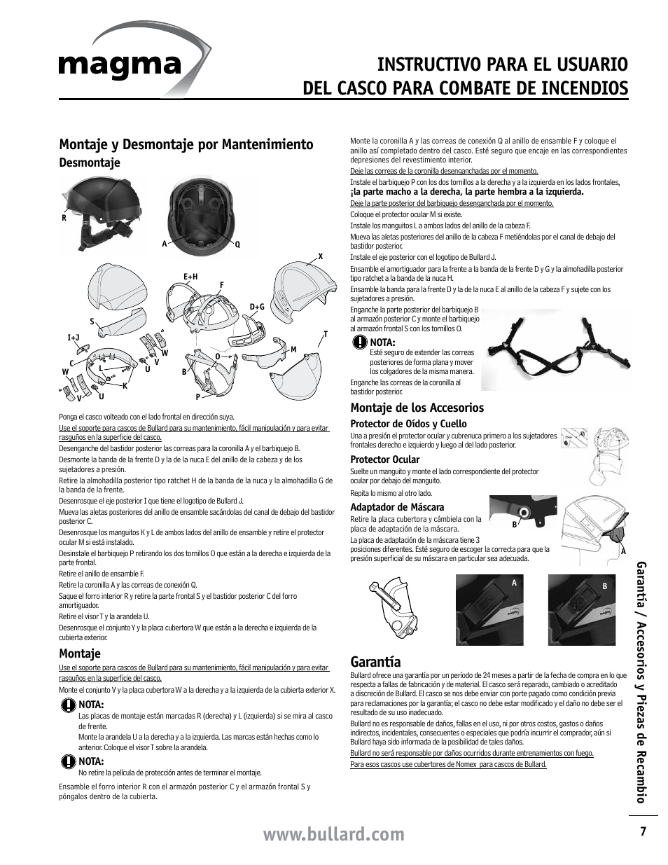 Montaje y desmontaje por mantenimiento, Garantía, 7gar antía / a ccesorios y piezas de recambio | Desmontaje, Montaje, Montaje de los accesorios | Bullard Magma User Manual | Page 7 / 8