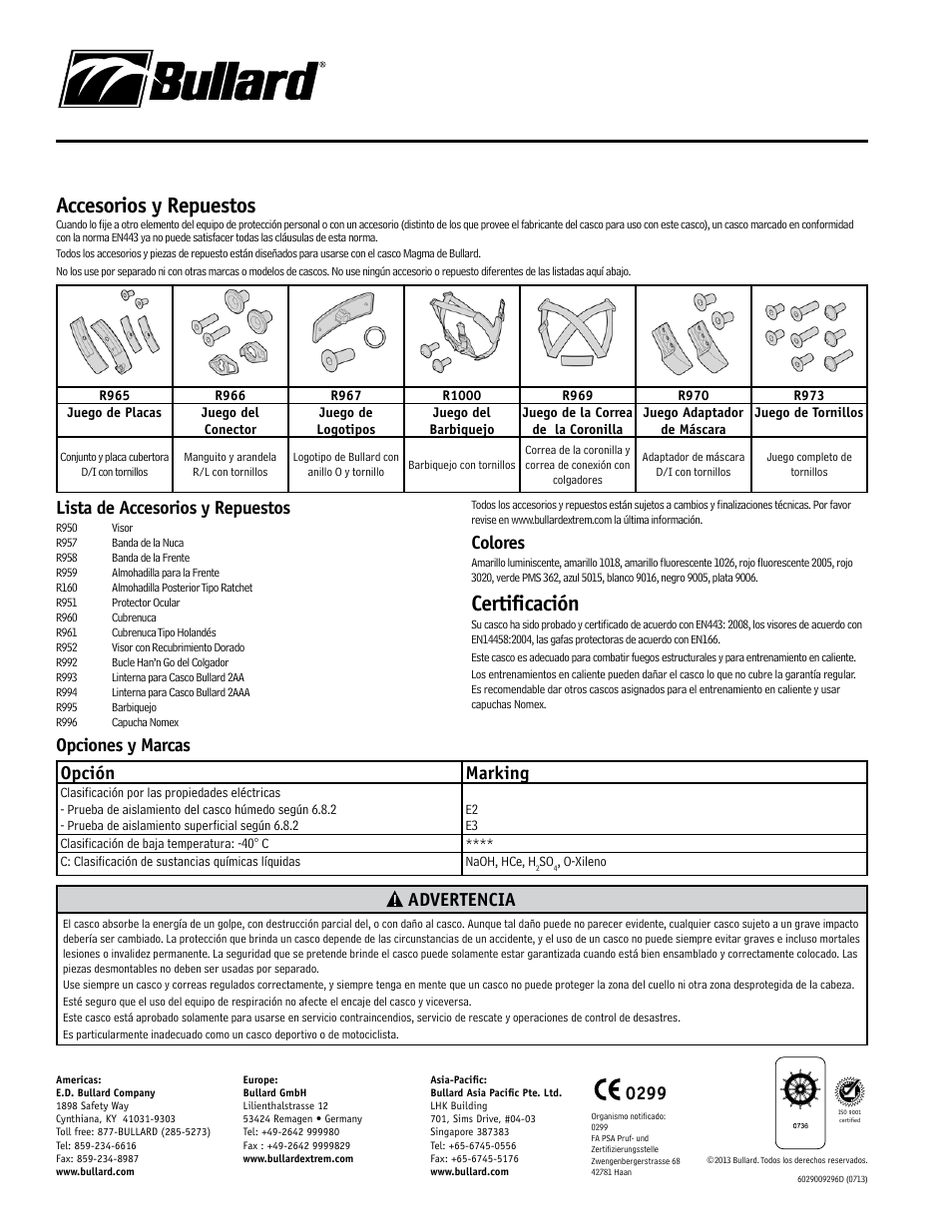 Accesorios y repuestos, Certificación, Lista de accesorios y repuestos | Colores, Opciones y marcas opción marking, Advertencia | Bullard Magma User Manual | Page 8 / 8