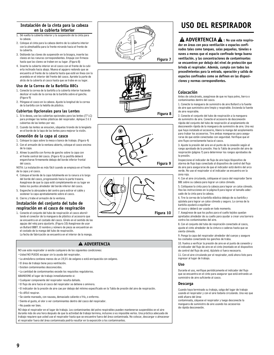 Uso del respirador, Advertencia, Conexión de la capa al casco | Colocación | Bullard 88E User Manual | Page 10 / 24