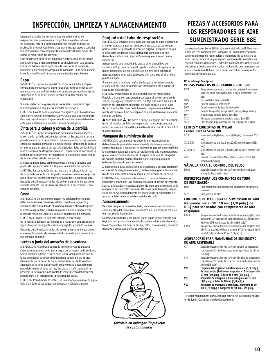 Inspección, limpieza y almacenamiento, Capa, Cinta para la cabeza y correa de la barbilla | Casco, Lentes y junta del armazón de la ventana, Conjunto del tubo de respiración, Manguera de suministro de aire, Almacenamiento | Bullard 88E User Manual | Page 11 / 24