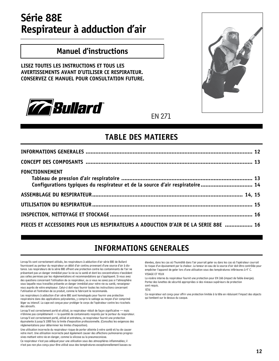 Série 88e respirateur à adduction d’air, Manuel d’instructions, Table des matieres | Informations generales, En 271 | Bullard 88E User Manual | Page 13 / 24