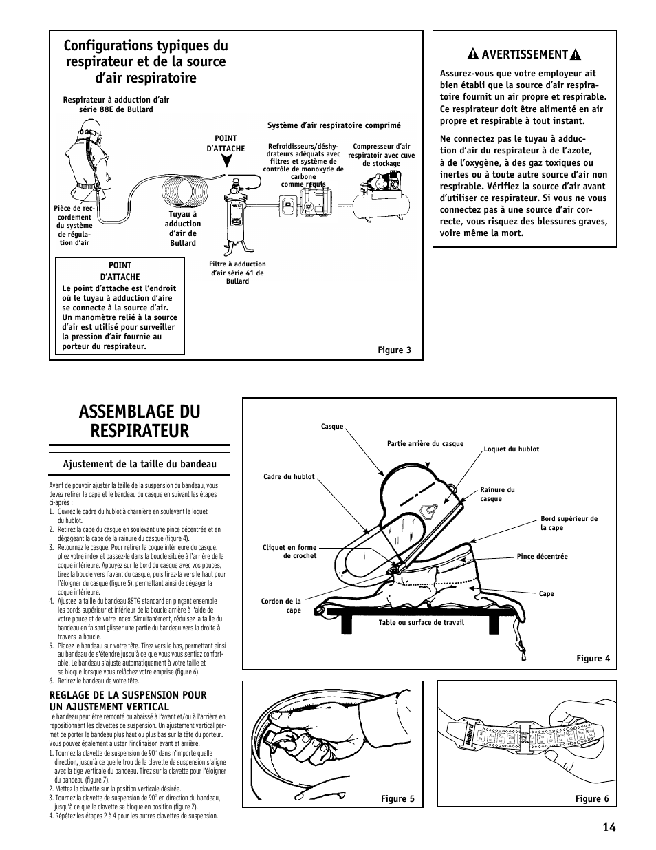 Assemblage du respirateur, Avertissement, Ajustement de la taille du bandeau | Bullard 88E User Manual | Page 15 / 24