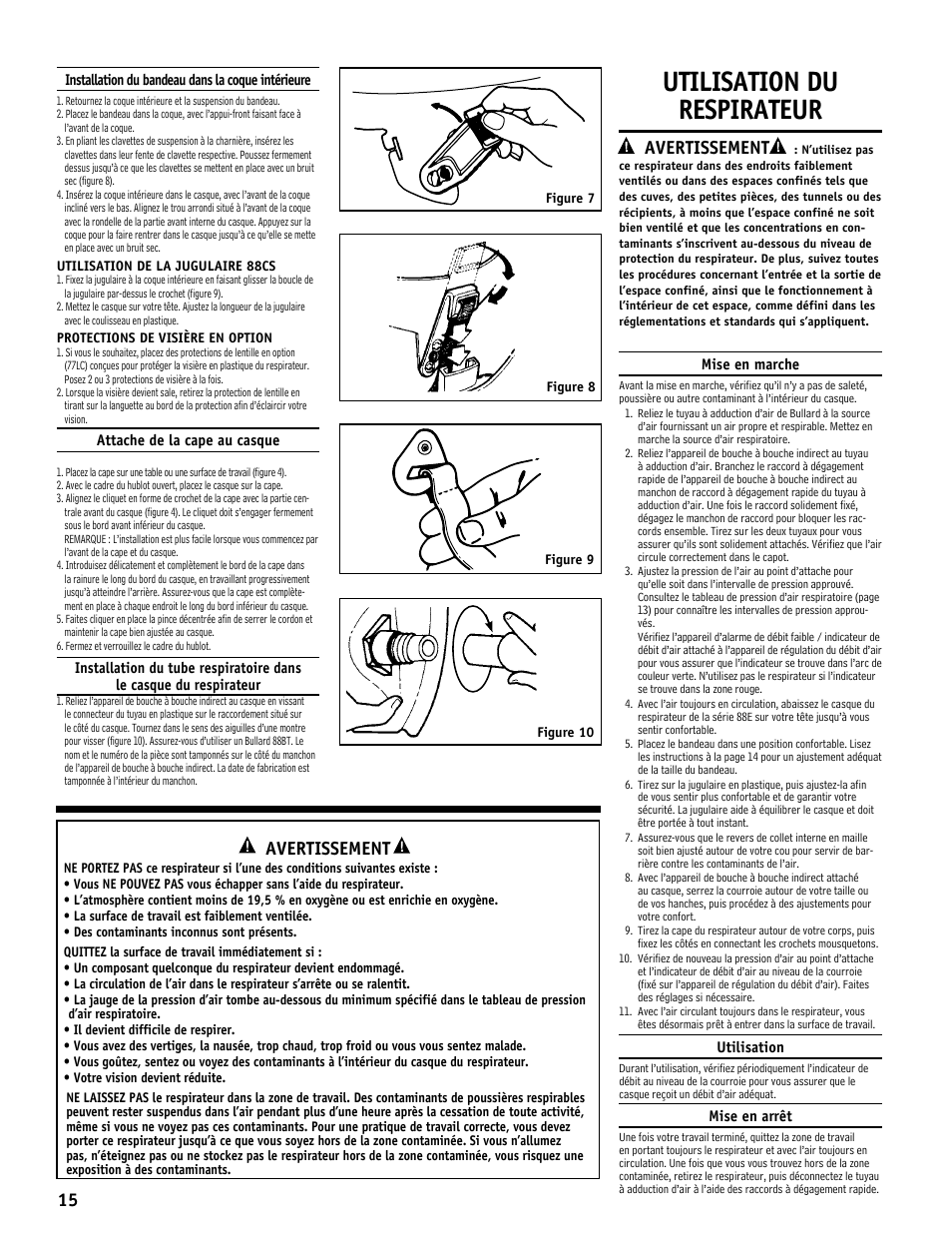 Utilisation du respirateur, Avertissement | Bullard 88E User Manual | Page 16 / 24