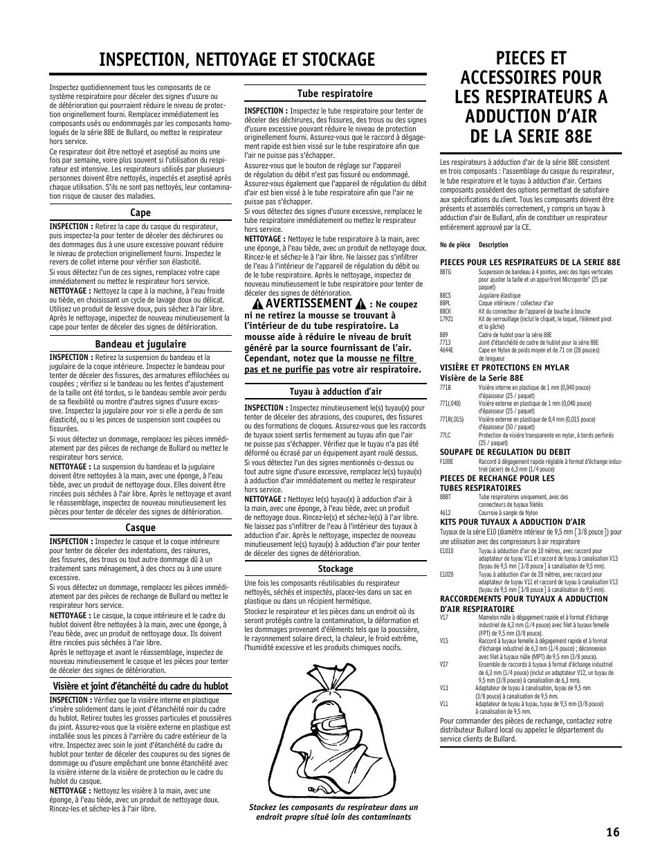 Inspection, nettoyage et stockage, Avertissement | Bullard 88E User Manual | Page 17 / 24