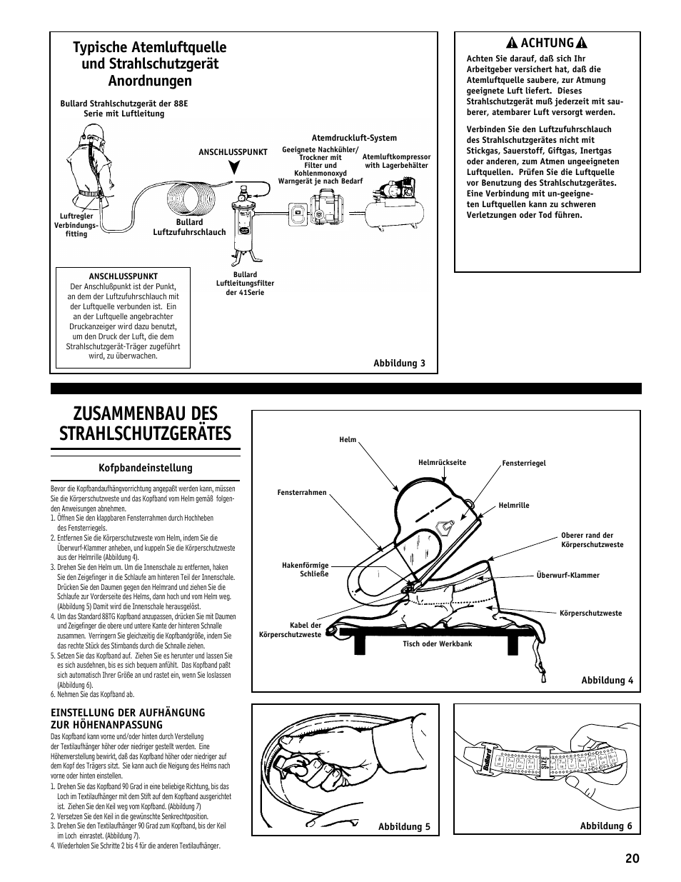 Zusammenbau des strahlschutzgerätes, Achtung, Kofpbandeinstellung | Einstellung der aufhängung zur höhenanpassung | Bullard 88E User Manual | Page 21 / 24